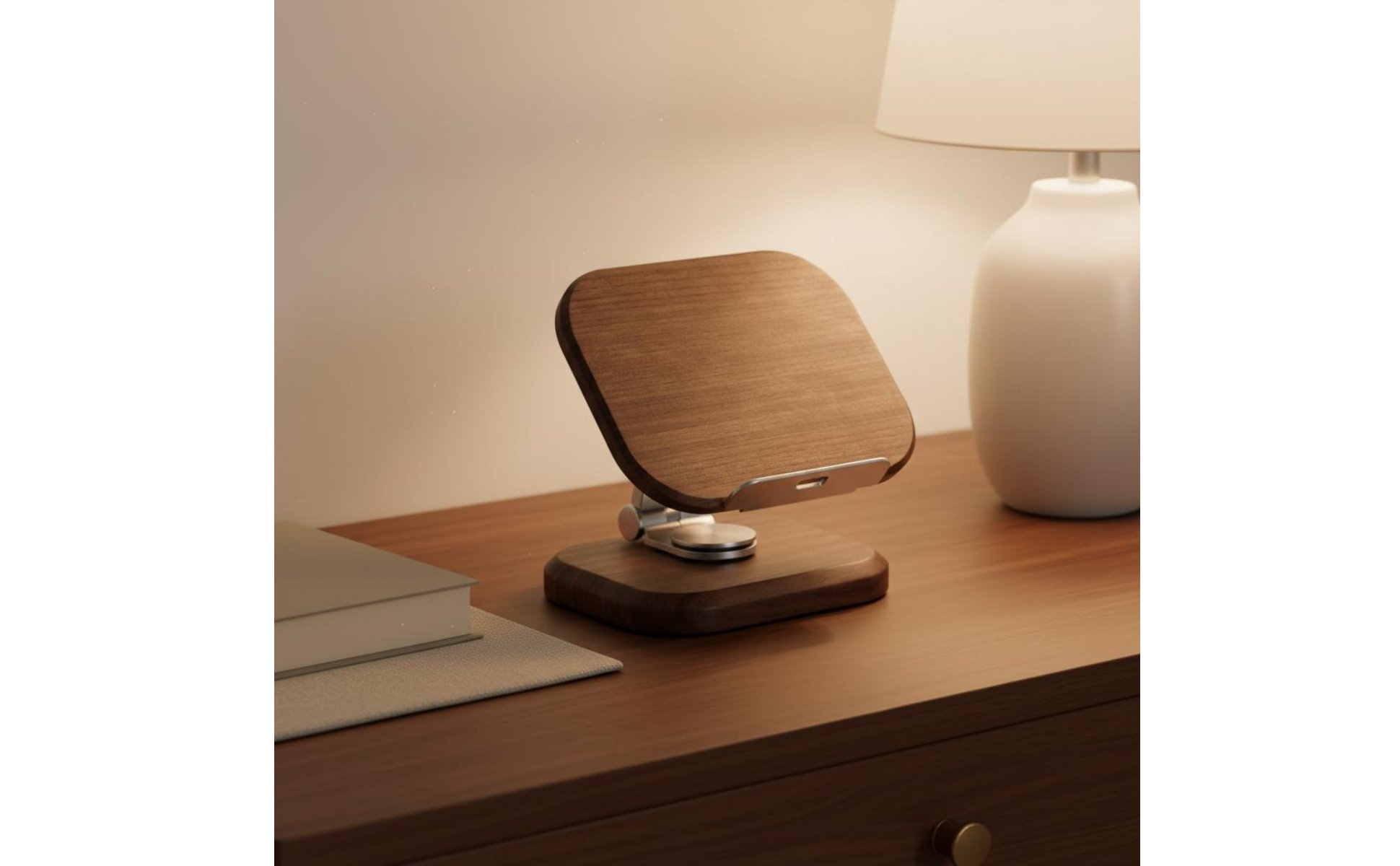 360 Rotating Desk Phone Stand Sturdy Wood Black Walnut Tablet Holder Wooden Phone Stand Adjustable Angle for Bedside, Office