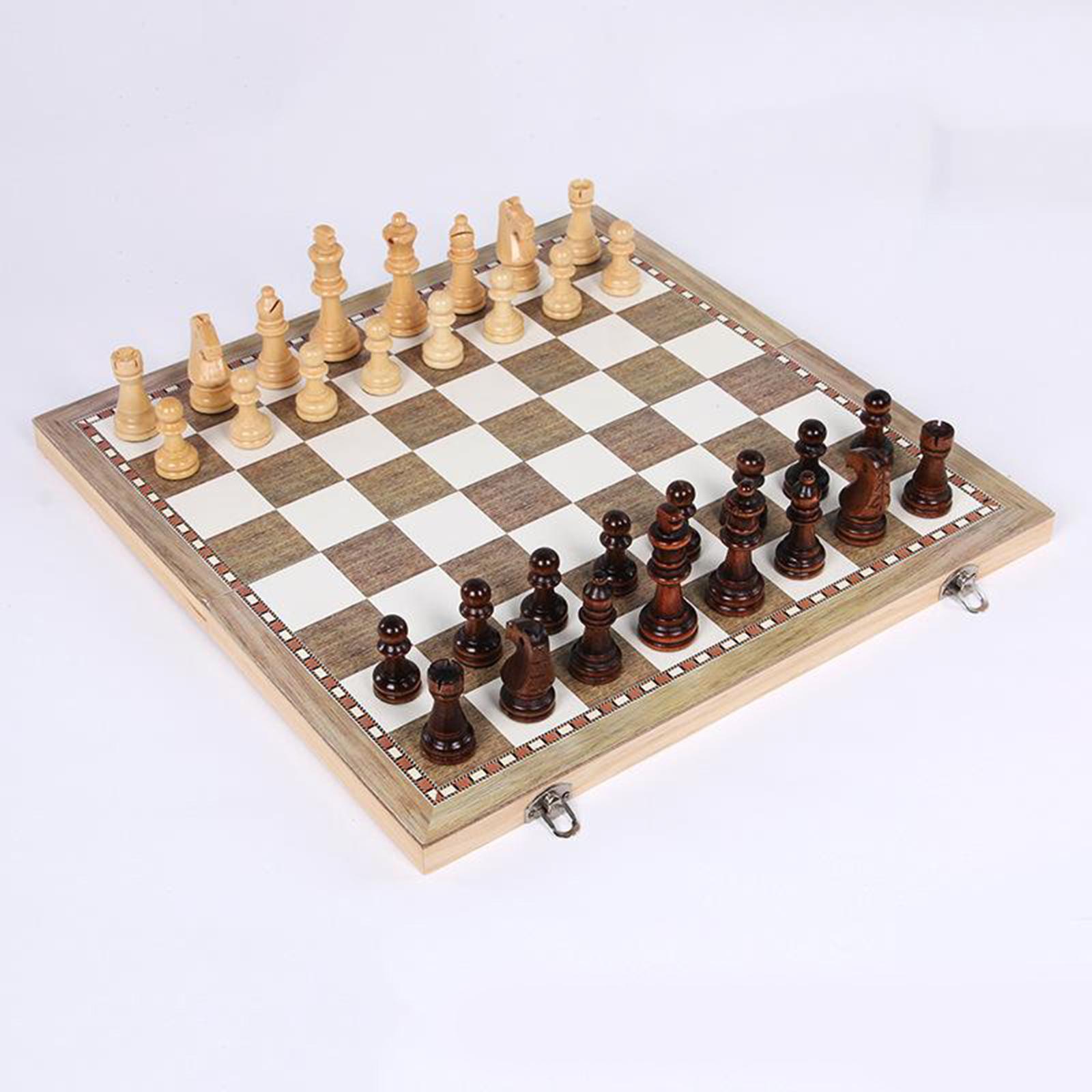 Large Wooden Chess Board Game Folding Portable Set with Three Classic Chess Pieces for Adults and Travel Use