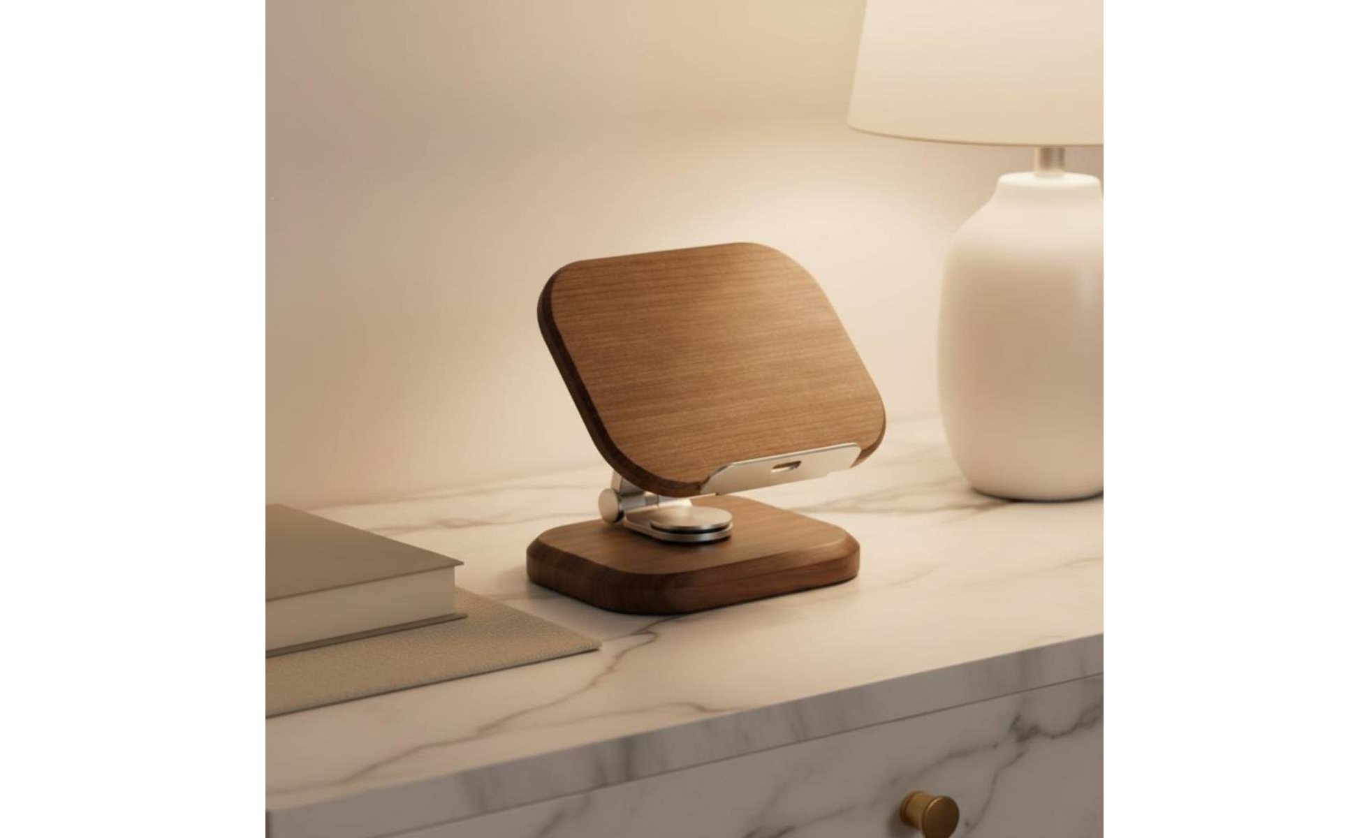 360 Rotating Desk Phone Stand Sturdy Wood Black Walnut Tablet Holder Wooden Phone Stand Adjustable Angle for Bedside, Office