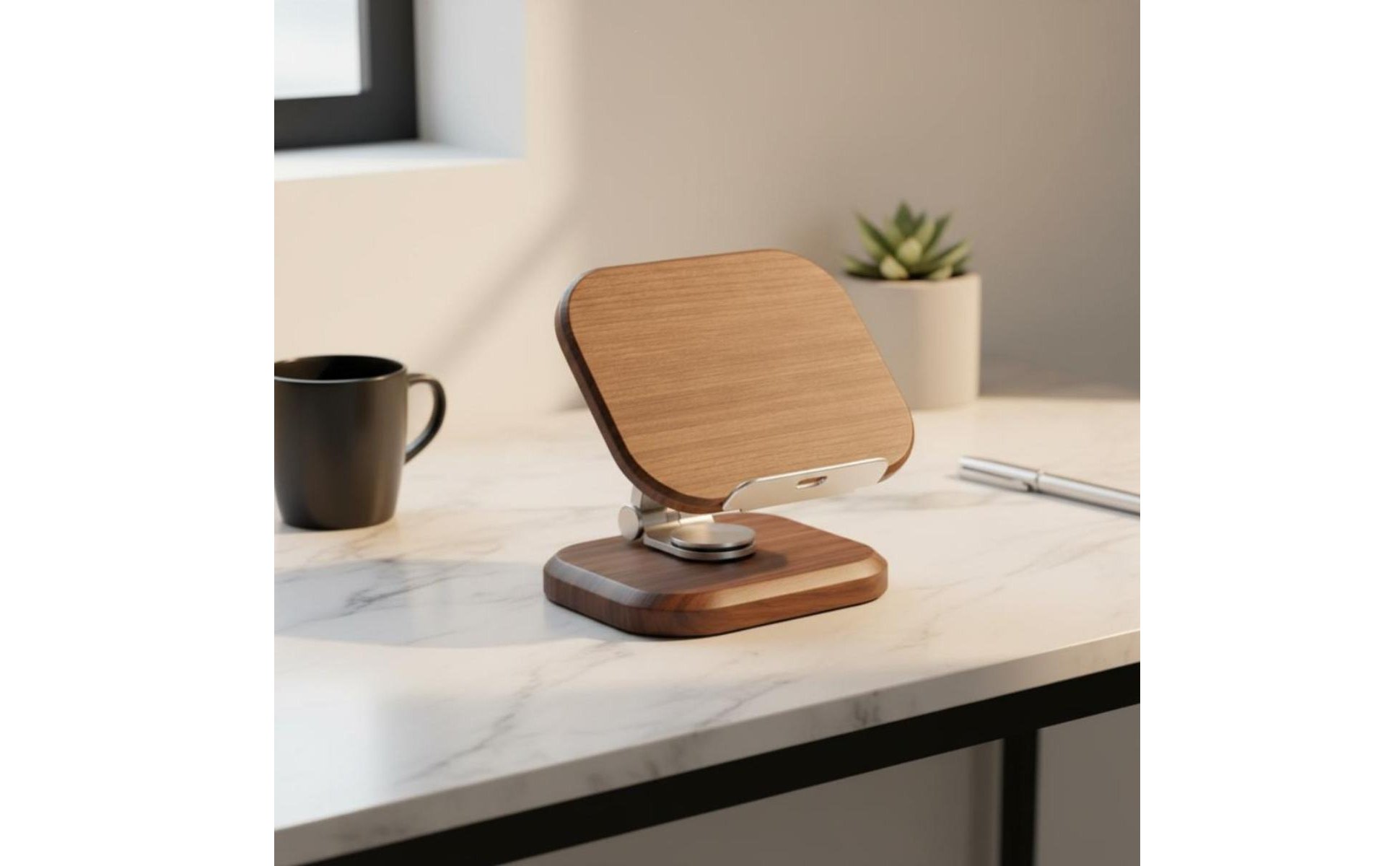 360 Rotating Desk Phone Stand Sturdy Wood Black Walnut Tablet Holder Wooden Phone Stand Adjustable Angle for Bedside, Office