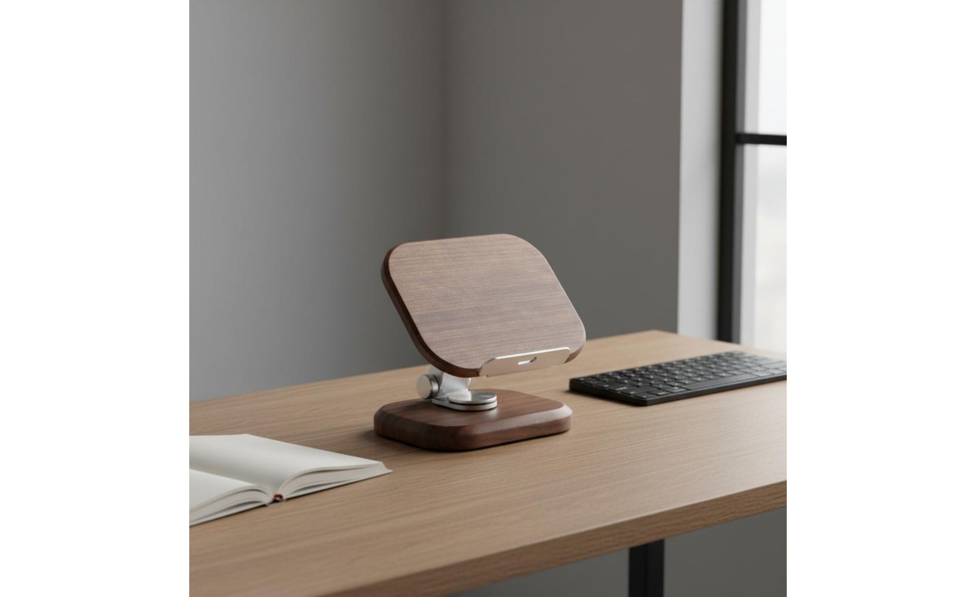 360 Rotating Desk Phone Stand Sturdy Wood Black Walnut Tablet Holder Wooden Phone Stand Adjustable Angle for Bedside, Office