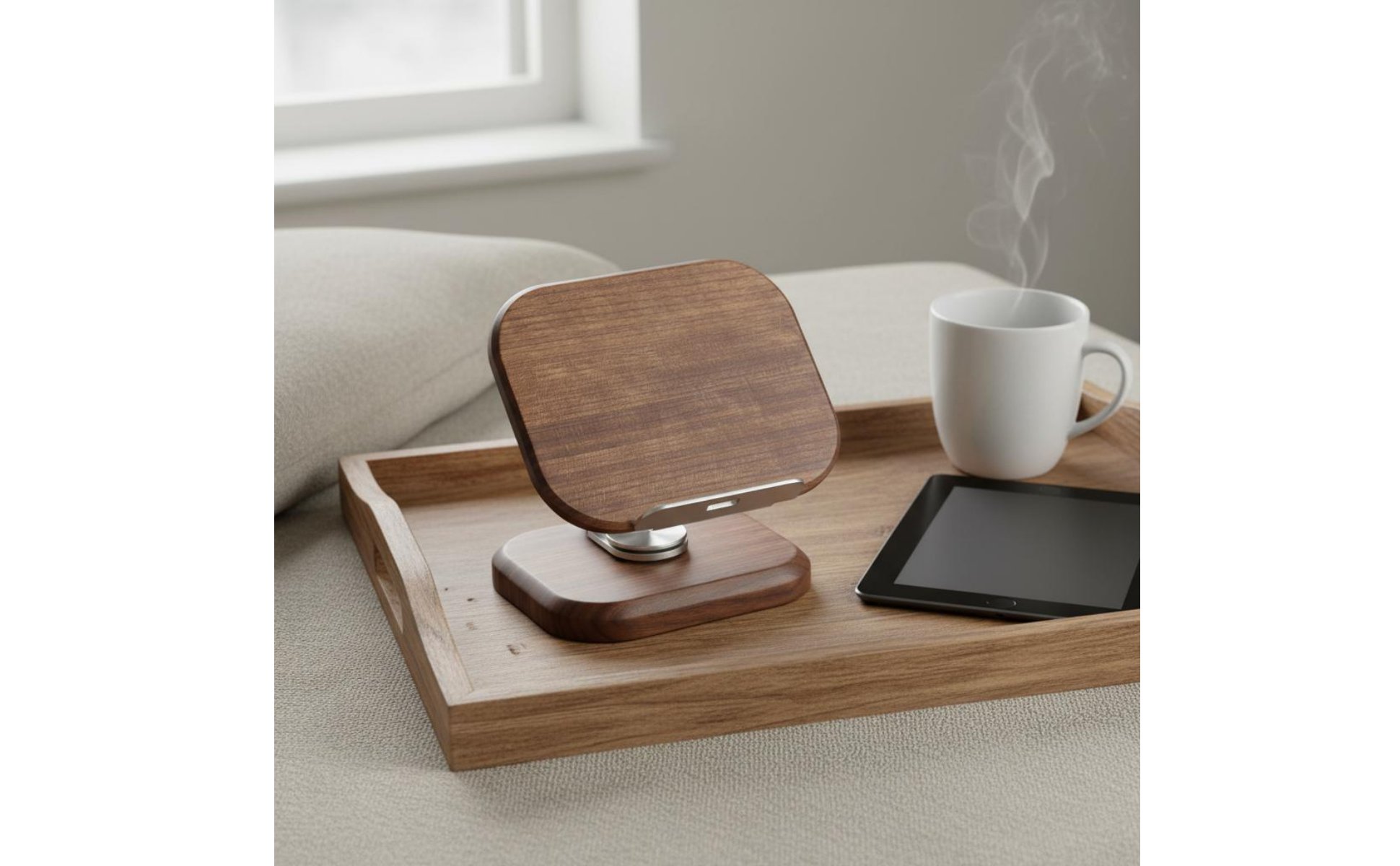 360 Rotating Desk Phone Stand Sturdy Wood Black Walnut Tablet Holder Wooden Phone Stand Adjustable Angle for Bedside, Office