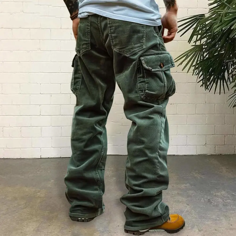 Muške kargo pantalone retro stila, muške kargo pantalone od somota sa više džepova, pantalone srednje dubine struka jednobojne za svakodnevno nošenje