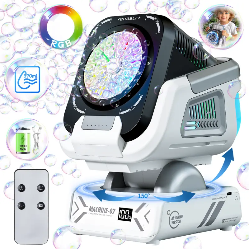 Unapređena verzija mašine za mehuriće za 2025. godinu sa daljinskim upravljačem, automatskom rotacijom i RGB svetlima, punjivom baterijom od 1800mAh, Type-C punjenjem, pogodna za decu, venčanja, rođen