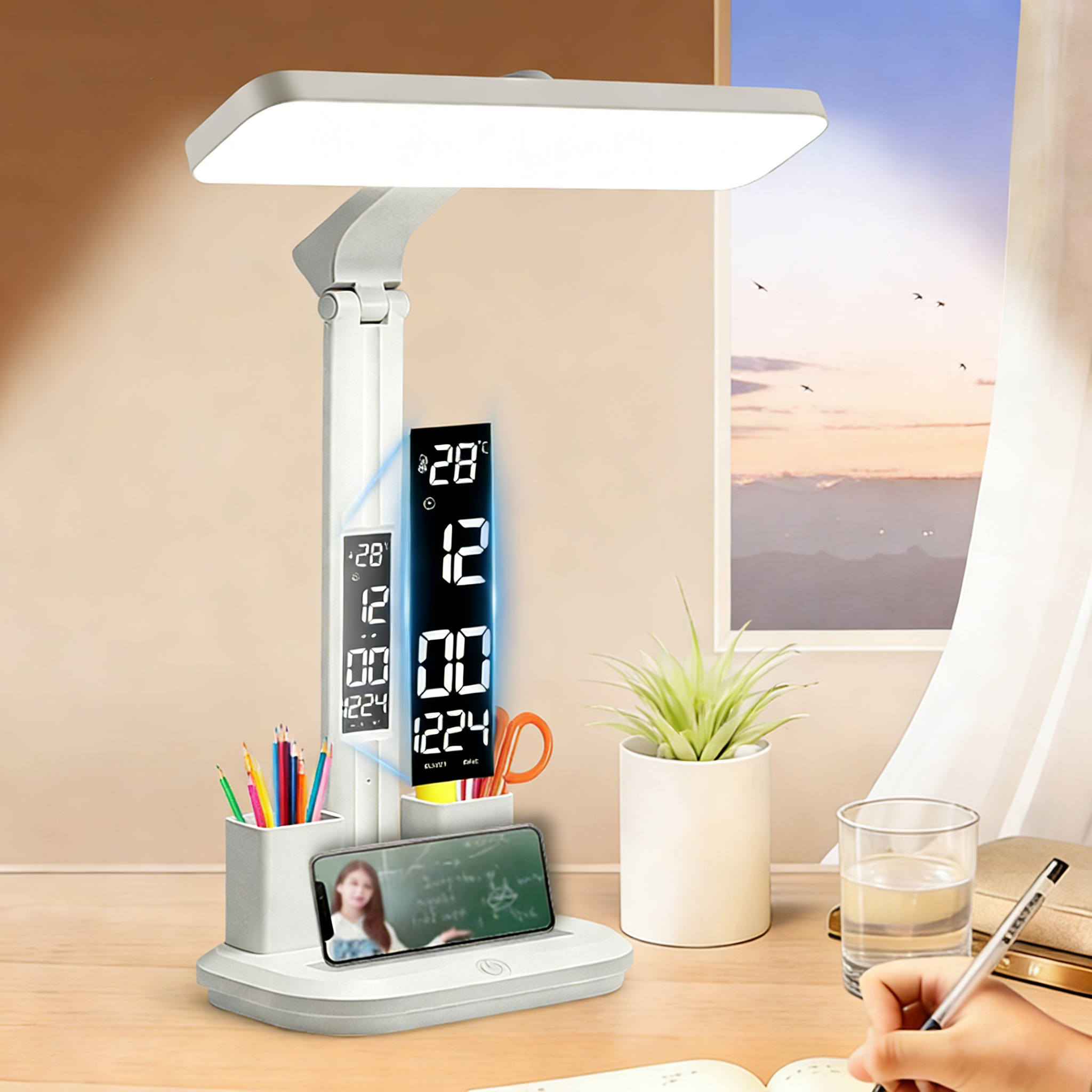 LED stona lampa sa digitalnim satom, prigušivo svetlo koje čuva oči sa držačem za olovke, USB punjenje za radni sto, dom