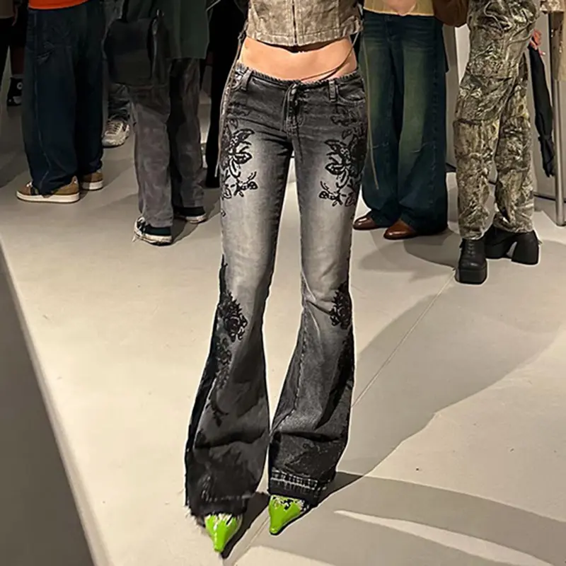 Ženske farmerke novi američki retro ulični stil sa biljnim printom, isprane vintage pantalone niskog struka sa zvonastim nogavicama, moderne i svestrane