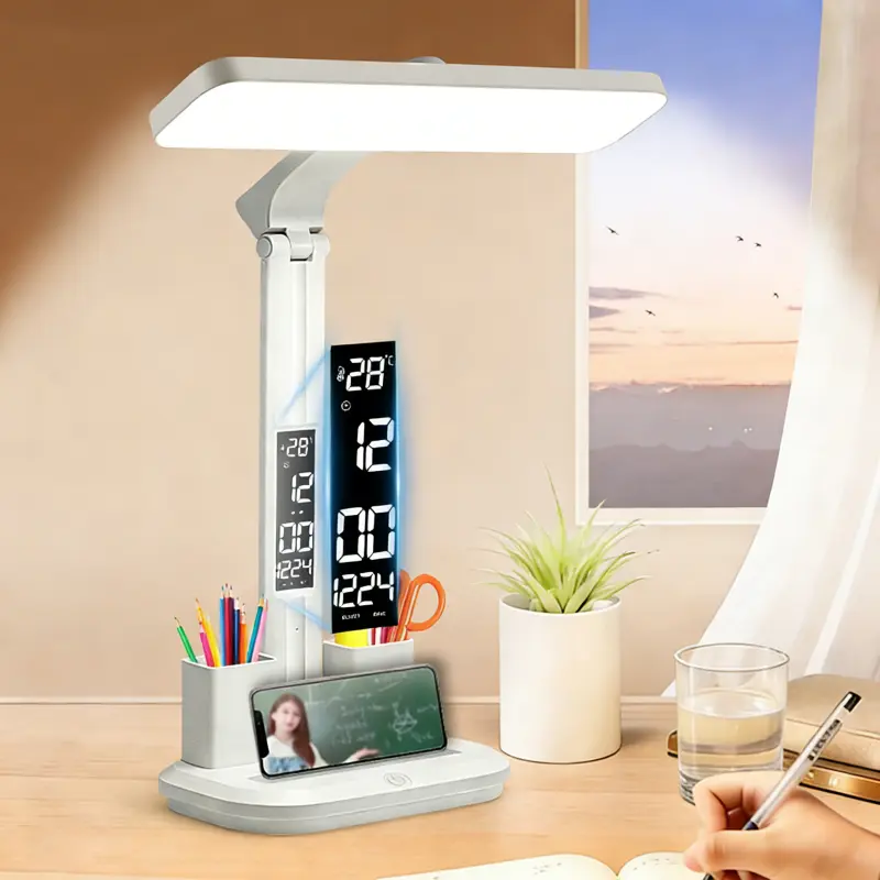 LED stona lampa sa digitalnim satom, prigušivo svetlo koje čuva oči sa držačem za olovke, USB punjenje za radni sto, dom