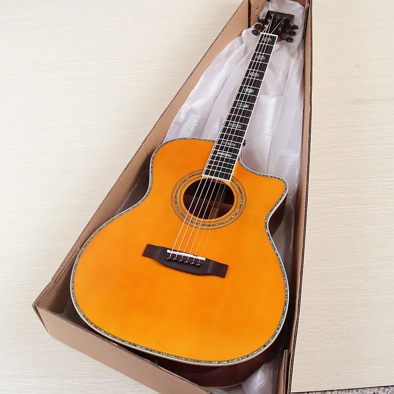 High Quality Full Solid Wood Acoustic Guitar with EQ Cutaway Design 40 Inch 6String Round Fret High Glossy Folk Guitarra Natural