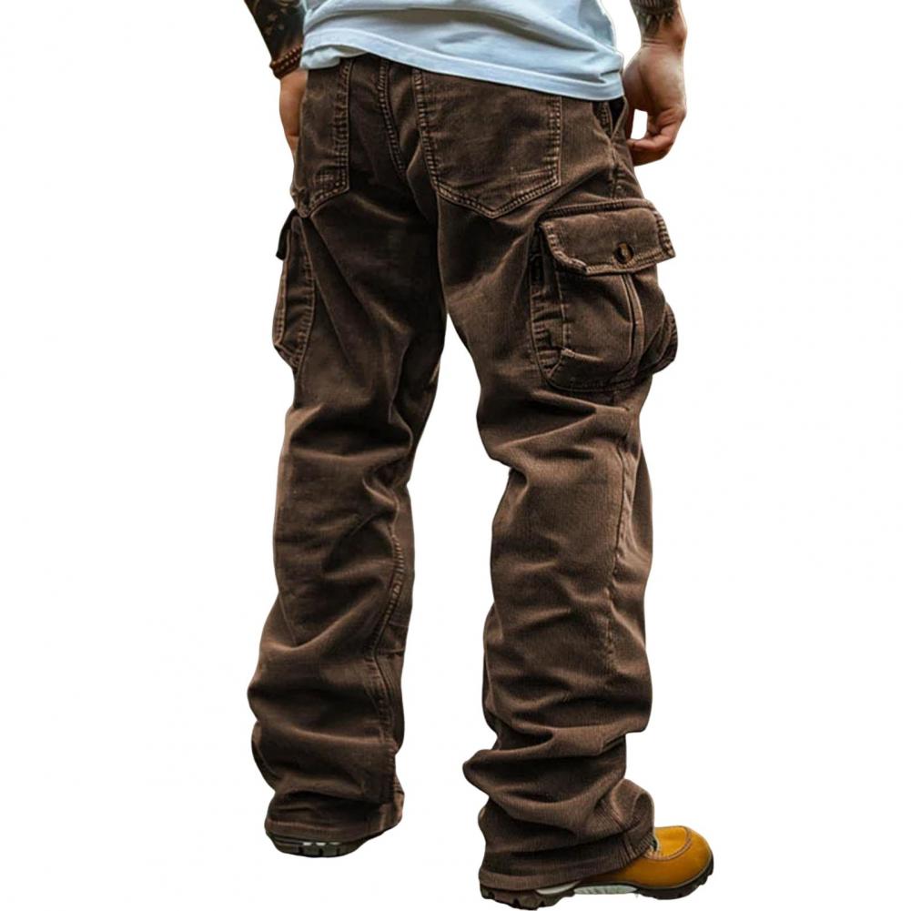 Muške kargo pantalone retro stila, muške kargo pantalone od somota sa više džepova, pantalone srednje dubine struka jednobojne za svakodnevno nošenje