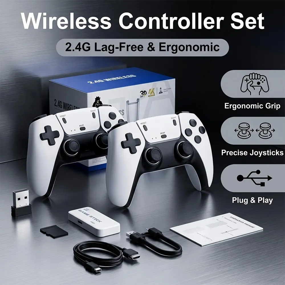 Wireless Game Stick Pro 4K with Dual Ergonomic Controllers for Retro Gaming