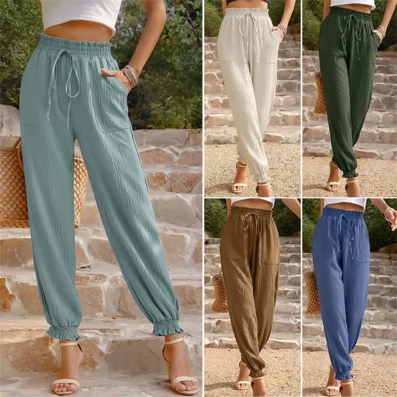 Ženske ležerne pantalone ženske letnje pantalone sa visokim strukom i učkurom, jednobojne, ulična moda, ženske Y2k pantalone, trenerke