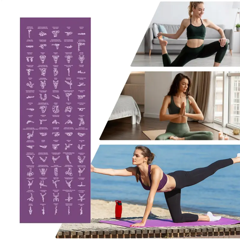Joga prostirka sa ucrtanim pozama za istezanje, dvostrana fitnes podloga, oprema za vežbanje za kućni pod, putovanja, teretanu, studio, pilates i vežbanje na otvorenom