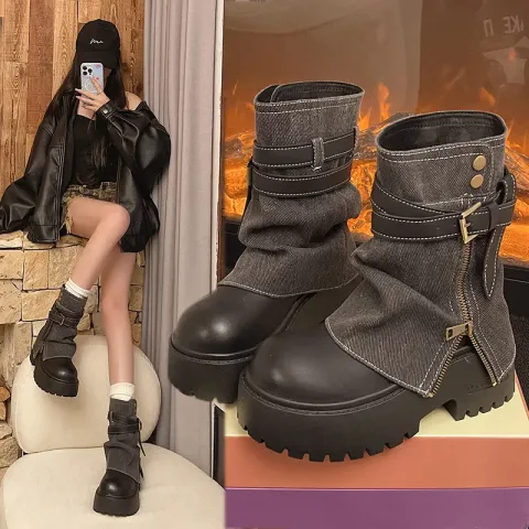 Ženske gležnjače kaubojke ravne na platformu modne dizajnerske sa rajsferšlusom zimske gotik čizme nove za hodanje elegantne Mujer Botas