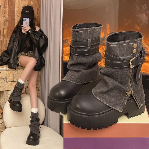 Ženske gležnjače kaubojke ravne na platformu modne dizajnerske sa rajsferšlusom zimske gotik čizme nove za hodanje elegantne Mujer Botas