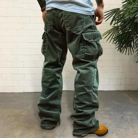 Muške kargo pantalone retro stila, muške kargo pantalone od somota sa više džepova, pantalone srednje dubine struka jednobojne za svakodnevno nošenje