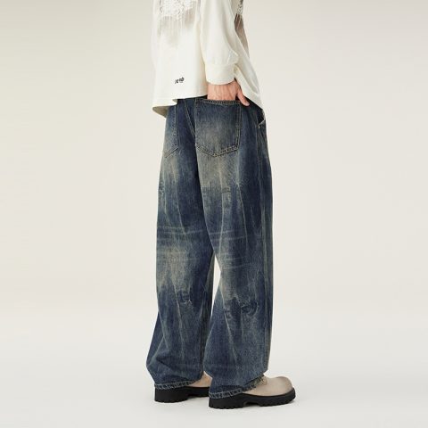 Vrhunske muške farmerke američkog modnog brenda, moderan opušten kroj ravnih nogavica sa efektom pada, ležerne i svestrane džins pantalone