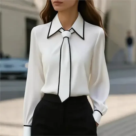 Ženska bluza modna košulja formalna sa mašnom dugih rukava kontrastni porub topovi strukirana radna odeća elegantne kancelarijske ženske košulje