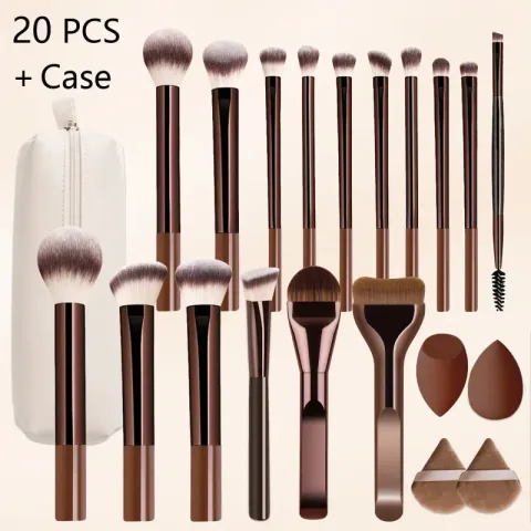 Set od 20 četkica za šminkanje sa futrolom, meke dlake, za tečni puder, puder u prahu, rumenilo, korektor, četkica za senčenje očiju, BEZ OKRUTNOSTI I VEGANSKI PROIZVOD