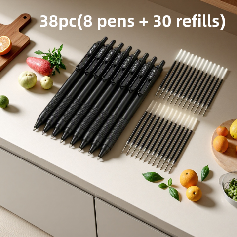 Set od 38 delova (8 olovaka + 30 zamenljivih dopuna) potpuno crne gel olovke na klik, sa štipaljkom i neklizajućom zonom za držanje, pogodne kao pokloni za rođendan, Božić, Noć veštica, Novu godinu i 