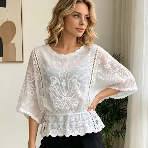 Ženska bluza letnja modna elegantna ženska šifonska košulja sa izrezima rukavi tri četvrt leptir cvet ženske majice odeća