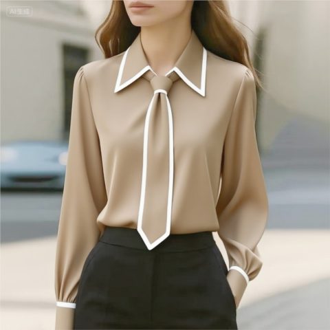 Ženska bluza modna košulja formalna sa mašnom dugih rukava kontrastni porub topovi strukirana radna odeća elegantne kancelarijske ženske košulje