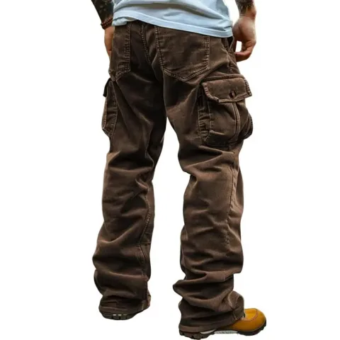 Muške kargo pantalone retro stila, muške kargo pantalone od somota sa više džepova, pantalone srednje dubine struka jednobojne za svakodnevno nošenje