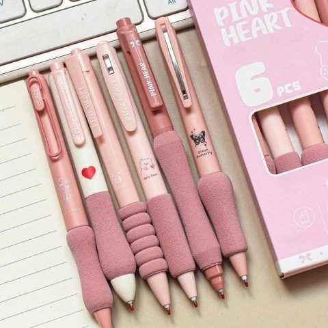 Set od 6 gel olovaka 0.5mm na klik, Kawaii kancelarijski materijal, slatke olovke, crne gel olovke, estetske olovke, školski pribor
