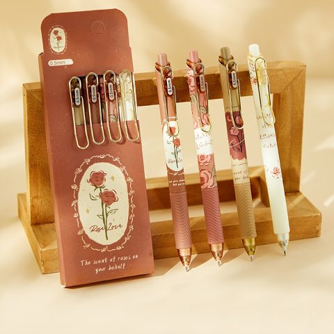 Set od 4 retro gel olovke sa motivom ruže, mastilo koje se brzo suši i dizajn na klik, fini vrh od 0.5mm za glatko pisanje, idealno za kancelariju/školu