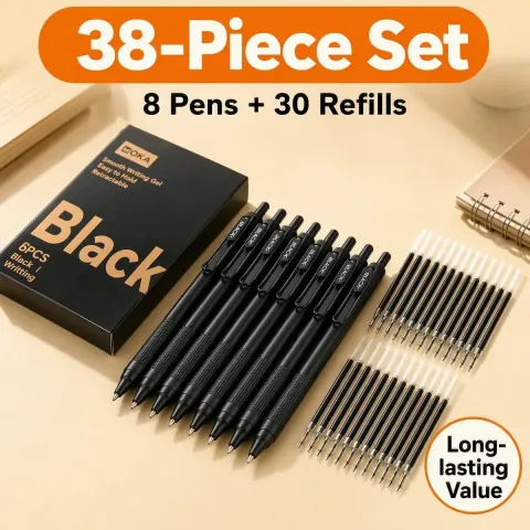 Set od 38 delova (8 olovaka + 30 zamenljivih dopuna) potpuno crne gel olovke na klik, sa štipaljkom i neklizajućom zonom za držanje, pogodne kao pokloni za rođendan, Božić, Noć veštica, Novu godinu i 