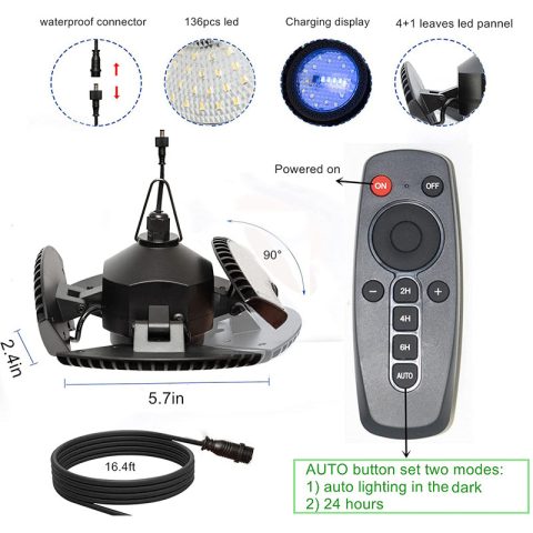 Solarno svetlo za baštu i dvorište, super jako, sklopivi luster sa 4 lista, svetlo za garažu sa senzorom pokreta, 136 LED solarna lampa za šupu