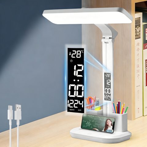 LED stona lampa sa digitalnim satom, prigušivo svetlo koje čuva oči sa držačem za olovke, USB punjenje za radni sto, dom