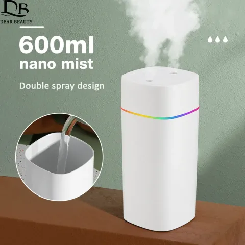 600ML Ovlaživač vazduha sa dvostrukim otvorom za raspršivanje, difuzor eteričnih ulja za aromaterapiju, tihi atomizer sa šarenim svetlima za dom, kancelariju i automobil