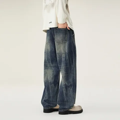 Vrhunske muške farmerke američkog modnog brenda, moderan opušten kroj ravnih nogavica sa efektom pada, ležerne i svestrane džins pantalone
