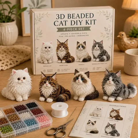 3D Beaded Cat DIY komplet. Napravite četiri ljupke mace. Kompletan alat, idealan poklon za početnike i porodične kreativne aktivnosti.